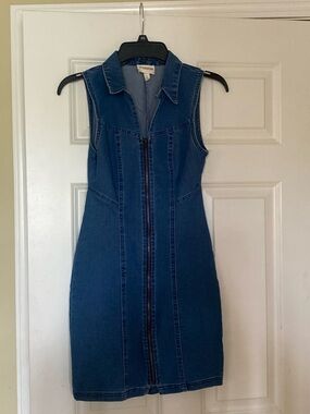 Zip-Front Sleeveless Denim Mini Dress in Blue